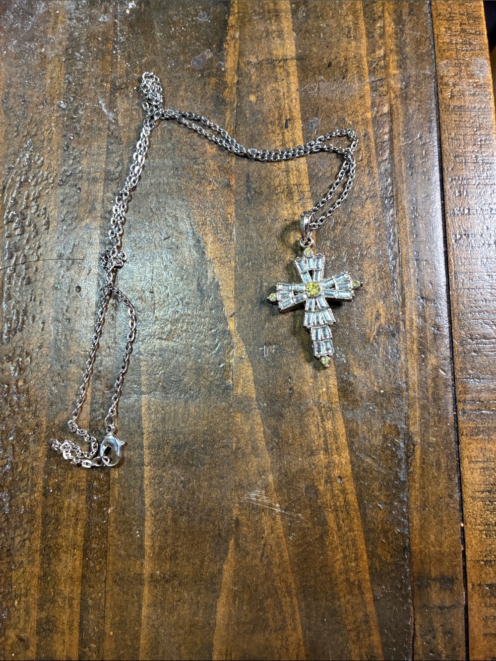 Silver Cross Pendant Necklace with Clear Stones - Elegant Women's Jewelry